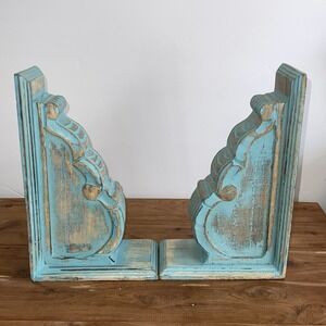 1 Pair Rustic Distressed Finish Wood Bookends Turquoise Blue Farmhouse Cottage